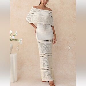 OFF-SHOULDER OPEN-KNIT CROCHET TWINSET DRESS IN SAND